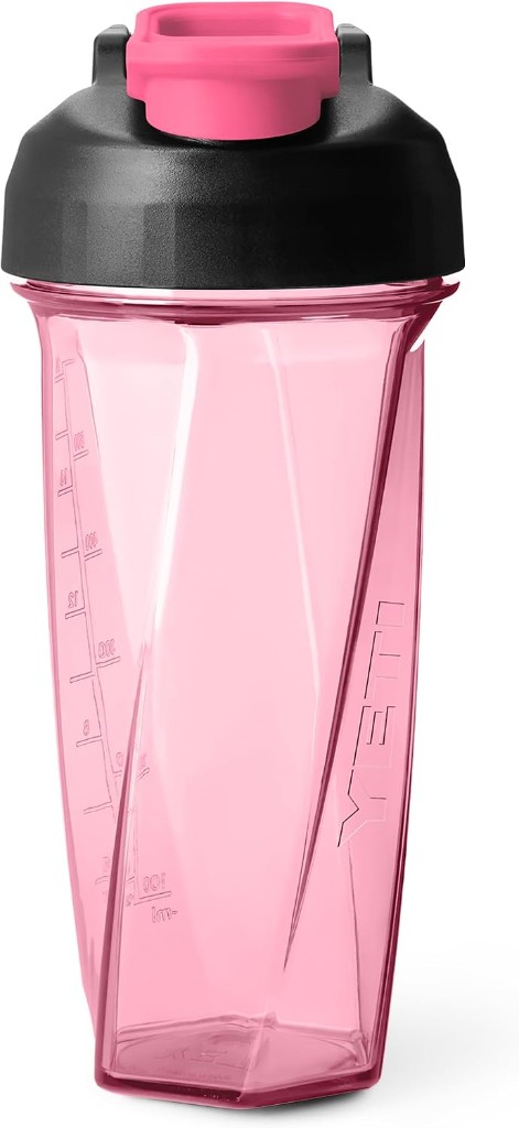 A tropical pink YETI Yonder Helimix shaker bottle with a black and pink lid.